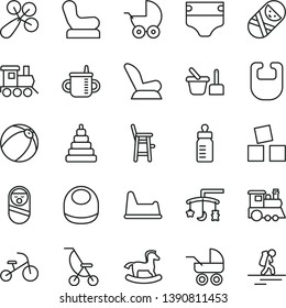 thin line vector icon set - toys over the cradle vector, mug for feeding, bottle, diaper, bib, baby, rattle, chair, car child seat, stroller, carriage, summer, bath ball, stacking toy, tumbler, a
