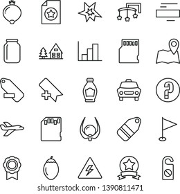 thin line vector icon set - danger of electricity vector, add bookmark, minus, remove label, pennant, negative histogram, question, toys over the cot, car, bottle, medlar, tamarillo, physalis, jar