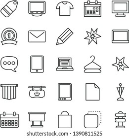 thin line vector icon set - laptop vector, monitor window, calendar, paper bag, clean sheet of, envelope, T shirt, hanger, label, copy, antique advertising signboard, billboard, pencil, speech, bang