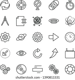 thin line vector icon set - prohibition vector, right direction, renewal, minus, clockwise, tumbler, gear, left bottom arrow, eye, timer, CD, delete page, plate, accumulator, gears, wall watch, atom