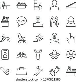 thin line vector icon set - woman vector, hat with glasses, summer stroller, children's tracks, index finger, speech, racer, court hearing, hand bag, conversation, scientist, winner podium, ladder