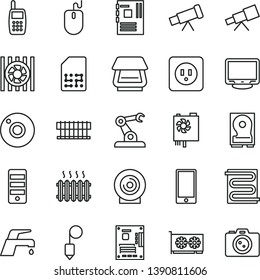 thin line vector icon set - camera vector, power socket type b, plummet, heating coil, faucet mixer, smartphone, lens, assembly robot, SIM, cast iron radiator, mobile phone, fan, mouse, pc supply