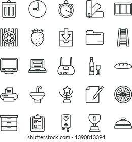thin line vector icon set - laptop vector, bin, folder, download archive data, storage unit, window frame, color samples, stepladder, washbasin, boiler, wall clock, notes, survey, loaf, radiator fan