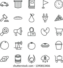 thin line vector icon set - hammer of a judge vector, pennant, bucket, cart, operator, megaphone, loaf, tin, piece pizza, pie, pear, grapefruit, physalis, persimmon, beans, working oil derrick, book