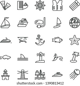 thin line vector icon set - anchor vector, small fish, commercial seaport, lighthouse, coastal, planet, sand castle, sail boat, hotel, beach, palm tree, starfish, flippers, diving mask, surfing