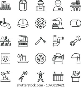 thin line vector icon set - workman vector, concrete mixer, adjustable wrench, construction helmet, gear, star, commercial seaport, oil derrick, water pipes, manufacture, factory, battery, builder