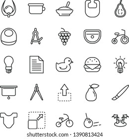 thin line vector icon set - tassel vector, scribbled paper, bib, baby, Child T shirt, duckling, children's potty, bicycle, tricycle, sink, core, expand picture, move up, big burger, large grape