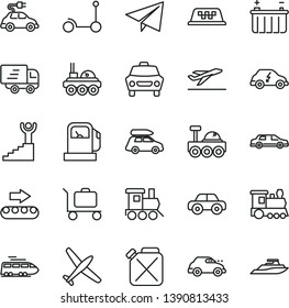 thin line vector icon set - paper airplane vector, motor vehicle, baby toy train, Kick scooter, car, gas station, battery, production conveyor, canister, electric, transport, retro, Express delivery