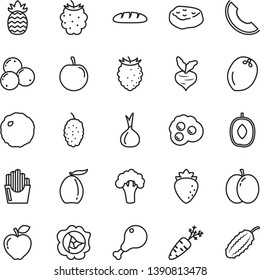 thin line vector icon set - loaf vector, chicken leg, cabbage, piece of meat, fried potato slices, omelette, apple, squash, red, raspberry, blackberry, tasty, blueberries, mulberry, slice melon