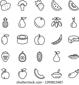 thin line vector icon set - cheese vector, canned goods, slices of onion, a bowl buckwheat porridge, strawberry, pineapple, pear, orange slice, peach, apple, grape, red, melon, water, goji berry