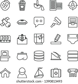 thin line vector icon set - archive vector, diaper, medical bag, paint roller, city block, drawing, pie, cup of popcorn, a glass tea, strawberries, conveyor, racer, steel production, man in sight