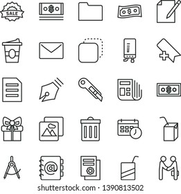 thin line vector icon set - bin vector, add bookmark, e, packing of juice with a straw, stationery knife, electronic boiler, envelope, picture, address book, notes, copy, coffe to go, cash, gift