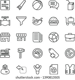 thin line vector icon set - add label vector, baby bath ball, packing of juice with a straw, hand saw, suitcase, kiosk, move left, burger, chili, valve, calipers, filter, newspaper, cash machine