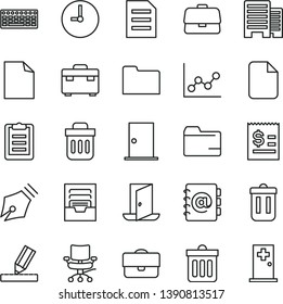 thin line vector icon set - clean sheet of paper vector, folder, graph, archive, suitcase, ntrance door, buildings, drawing, wall clock, dust bin, address book, portfolio, briefcase, keyboard, trash