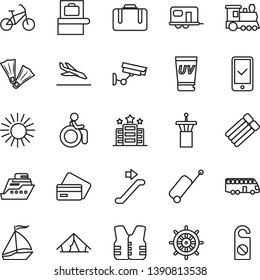 thin line vector icon set - train vector, camper, bus, sail boat, bike, airport tower, escalator, suitcase, baggage scanner, phone registration, rolling case, arrival, credit card, tent, sun, hotel
