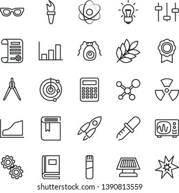 thin line vector icon set - book vector, research article, test tube, molecule, atom, glasses, nuclear, bulb, gears, settings, bactery, pipette, oscilloscope, calculator, drawing compass, radar