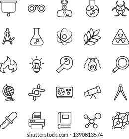 thin line vector icon set - printer vector, flask, telescope, molecule, atom, glasses, nuclear, zoom, dna, bulb, bactery, book, biohazard, pipette, globe, oscilloscope, flame, scientist, biology
