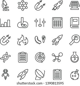 thin line vector icon set - round flask vector, magnet, satellite dish, rocket, space, microscope, molecule, dna, settings, bactery, book, flame, clipboard, calculator, artifical insimination, radar