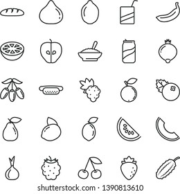 thin line vector icon set - vector e, loaf, mini hot dog, a bowl of buckwheat porridge, soda can, blueberries, cherry, grape, pear, tasty apple, raspberry, fig, medlar, blackberry, blueberry, water