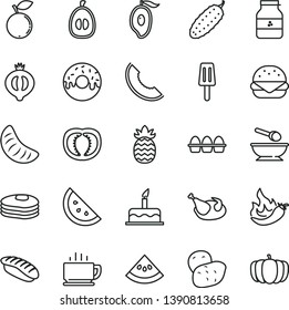 thin line vector icon set - deep plate with a spoon vector, cake, coffee, bundle of eggs, big burger, glazed hole, chicken, cucumber, japanese sushi, popsicle, jar jam, orange slice, pancakes, melon