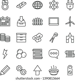 thin line vector icon set - calendar vector, upward direction, storage unit, box of bricks, books, adjustable wrench, lightning, hedge, heating coil, put in a, porridge saucepan, popcorn, windmill