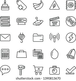 thin line vector icon set - danger of electricity vector, spectacles, folder, add label, movie cracker, yule, hook, calculation, heating coil, bell, speech, camera, address book, crossed cart, lime