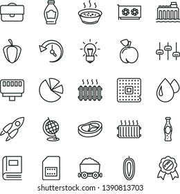 thin line vector icon set - porridge in a saucepan vector, bacon, bottle of soda, peach, sweet date fruit, ripe pepper, hydroelectricity, drop, processor, SIM card, cast iron radiator, aluminum, gpu