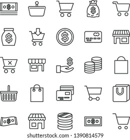 thin line vector icon set - paper bag vector, grocery basket, cart, put in, crossed, with handles, cards, kiosk, coins, stall, shopping, front of the bank card, column, dollar, get a wage, money