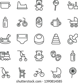 thin line vector icon set - dummy vector, mug for feeding, bottle, measuring, diaper, baby bib, stroller, carriage, summer, sitting, stacking rings, roly poly doll, toy sand set, children's potty