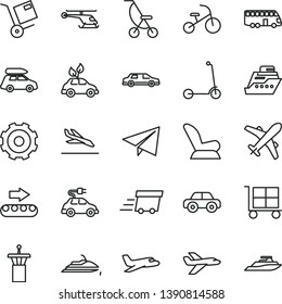thin line vector icon set - truck lorry vector, cargo trolley, paper airplane, car child seat, summer stroller, motor vehicle, tricycle, Kick scooter, shipment, production conveyor, electric, urgent