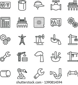 thin line vector icon set - repair key vector, crane, tower, sewerage, helmet, working oil derrick, valve, manufacture, power line, industrial factory, enterprise, gears, Construction, processor