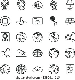 thin line vector icon set - sign of the planet vector, globe, earth, passport, solar panel, plug, CO2, carbon dyoxide, connection, connections, recession, network, browser, connect, man hold world