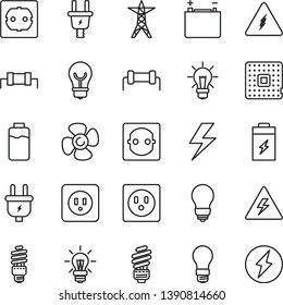 thin line vector icon set - lightning vector, danger of electricity, saving light bulb, power socket type b, f, fan screw, charge level, charging battery, accumulator, line, plug, electric, energy