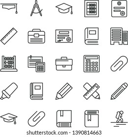 thin line vector icon set - clip vector, briefcase, graphite pencil, yardstick, book, new abacus, e, portfolio, buildings, writing accessories, calculation, square academic hat, scribed compasses