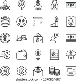 thin line vector icon set - purse vector, dollar, coins, column of, article on the, financial item, wallet, dollars, cash, money rain, coin, pedestal, gear, idea, eyes, growth, mail, dialog, pin