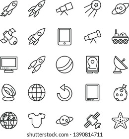 thin line vector icon set - monitor vector, counterclockwise, t short, bath ball, earth, rocket, space, planet, tablet pc, hdd, telescope, satellite, antenna, saturn, lunar rover, flag on moon