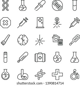 thin line vector icon set - mark of injury vector, spectacles, plus, electronic thermometer e, mercury, medical bag, arm saw, estimate, round flask, outdoor, test tube, dna, brain, pipette, syringe
