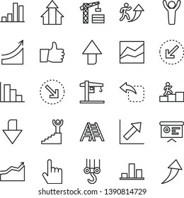 thin line vector icon set - upward direction vector, downward, line chart, growth, positive histogram, crane, tower, winch hook, ladder, left bottom arrow, index finger, thumb up, move, right, bar