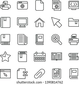 thin line vector icon set - monitor window vector, clip, zoom, folder bookmark, book, e, books, home, star, notebook, delete page, statistical report, scientific publication, calendar, newspaper