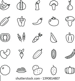 thin line vector icon set - fried vegetables on sticks vector, onion, mushroom, cabbage, cucumber, tomato, peper, garlic, mulberry, sweet date fruit, apple stub, half, Bell pepper, red, hot, potato