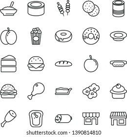 thin line vector icon set - kiosk vector, sausage, loaf, canned goods, tin, fried vegetables on sticks, mini hot dog, big burger, muffin, piece of cake, slice, with a hole, glazed, plate milk, thigh