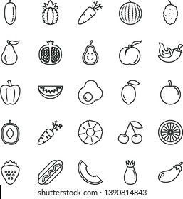 thin line vector icon set - Hot Dog vector, chili, carrot, fried egg, strawberry, cherry, ripe peach, half pomegranate, rose hip, mulberry, water melon, slice of, delicious plum, date fruit, tasty
