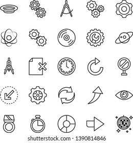 thin line vector icon set - prohibition vector, clock face, right direction, renewal, clockwise, cogwheel, gear, left bottom arrow, eye, timer, CD, delete page, plate, scribed compasses, Measuring