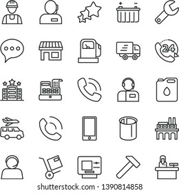thin line vector icon set - repair key vector, builder, hammer, speech, smartphone, 24, phone call, operator, shipment, gas station, battery, industrial enterprise, canister of oil, pipes, stall
