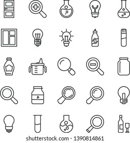 thin line vector icon set - incandescent lamp vector, magnifier, zoom, out, measuring cup for feeding, window, bulb, interroom door, jar of jam, bottle, liquor, round flask, test tube, wine