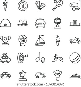 thin line vector icon set - bath ball vector, motor vehicle, present, warm hat, car, retro, flame torch, winner, pedestal, prize, cup, star reward, purpose, first place medal, sail boat, motorcycle