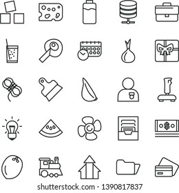 thin line vector icon set - briefcase vector, archive, children's train, cubes for children, hawser, putty knife, big data server, piece of cheese, garlic, a glass soda, coconut, slice water melon