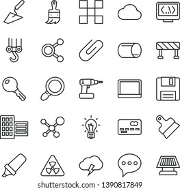 thin line vector icon set - winch hook vector, trowel, cordless drill, wooden paint brush, city block, tile, putty knife, traffic signal, speech, key, storm cloud, clip, pipe, connections, floppy