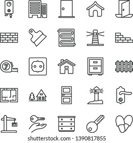 thin line vector icon set - house vector, bedside table, chest of drawers, brickwork, brick wall, long meashuring tape, lay out flat, power socket type f, key, door knob, ntrance, interroom, boiler