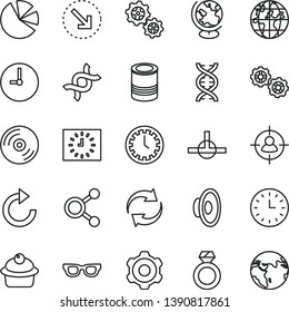 thin line vector icon set - clock face vector, renewal, clockwise, loudspeaker, gears, cogwheel, wall, CD, right bottom arrow, tin, muffin, connections, man in sight, planet, pie charts, watch, dna